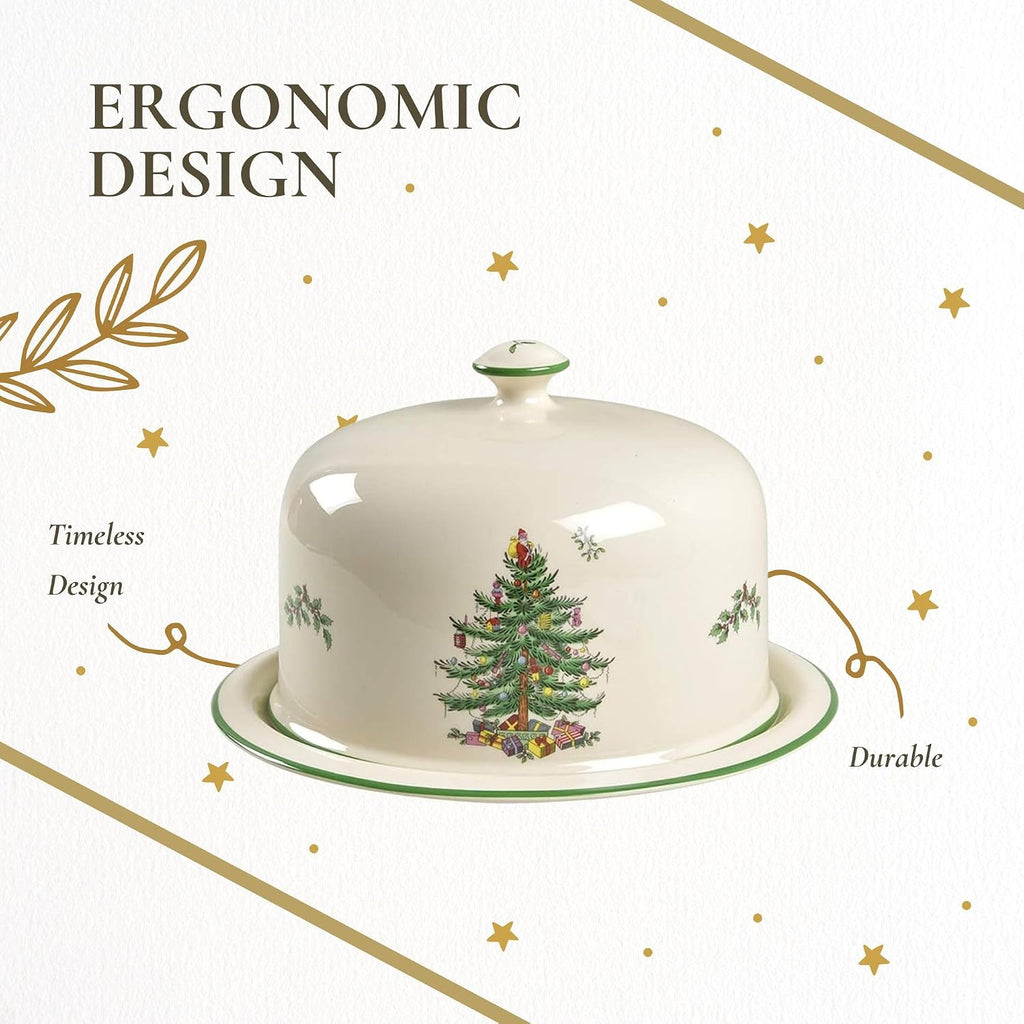 Christmas Tree 2 Piece Serving Platter with Dome Set - Ceramic Holiday Serving Tray for Cakes, Desserts, Side Dishes