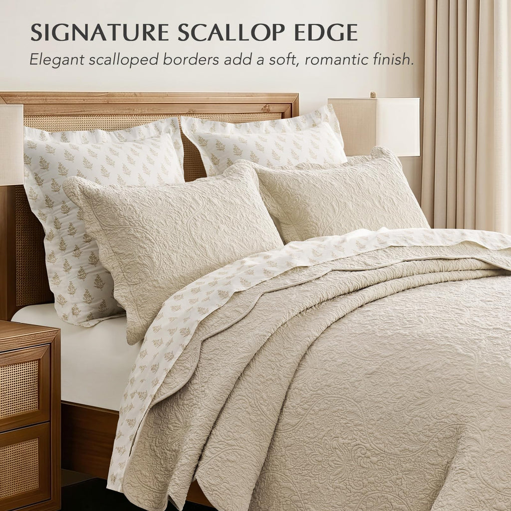 100% Cotton Scalloped Quilt Set, Birch