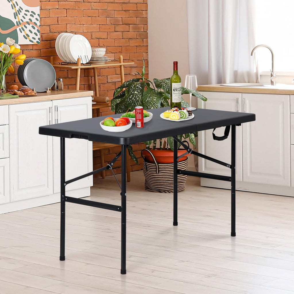 4ft Portable Folding Table Plastic Indoor Outdoor Picnic Party Camp Dining Table with Handle, Black