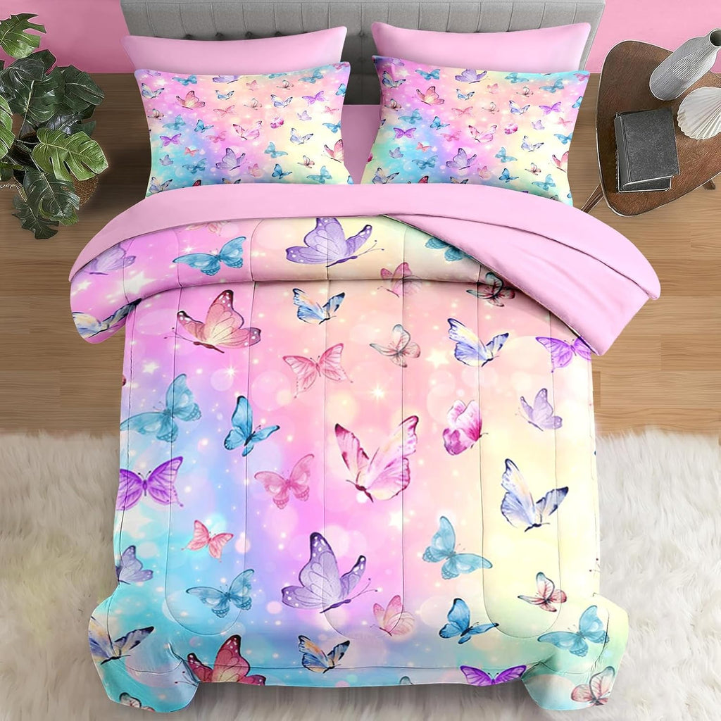 Comforter Set Twin, Pink Blue Butterfly 5 Pcs Bedding for Kids and Adults, Colorful Rainbow Bed Sheet Sets with