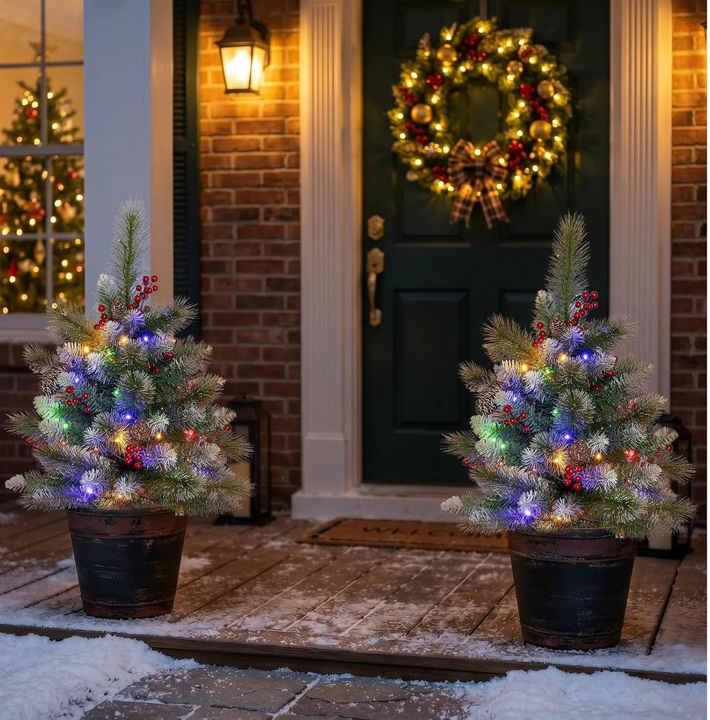 Set of 2 25.6 Inch Pre-lit Outdoor Christmas Tree with LED Lights, 8 Modes & Timer, Battery Operated Christmas Tree