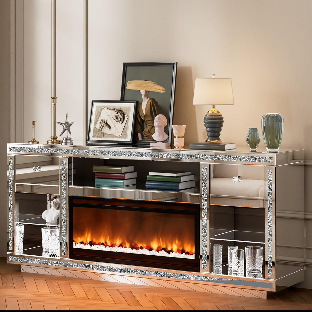 Mirrored TV Stand with Fireplace for 70 Inch TVs