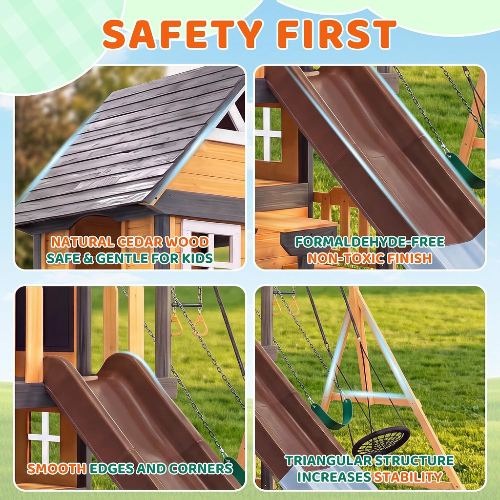 Wooden Swing Sets Playground with Slide Outdoor Playset All-in-One, Natural | Premium Solid Pine Wood, Lets 10