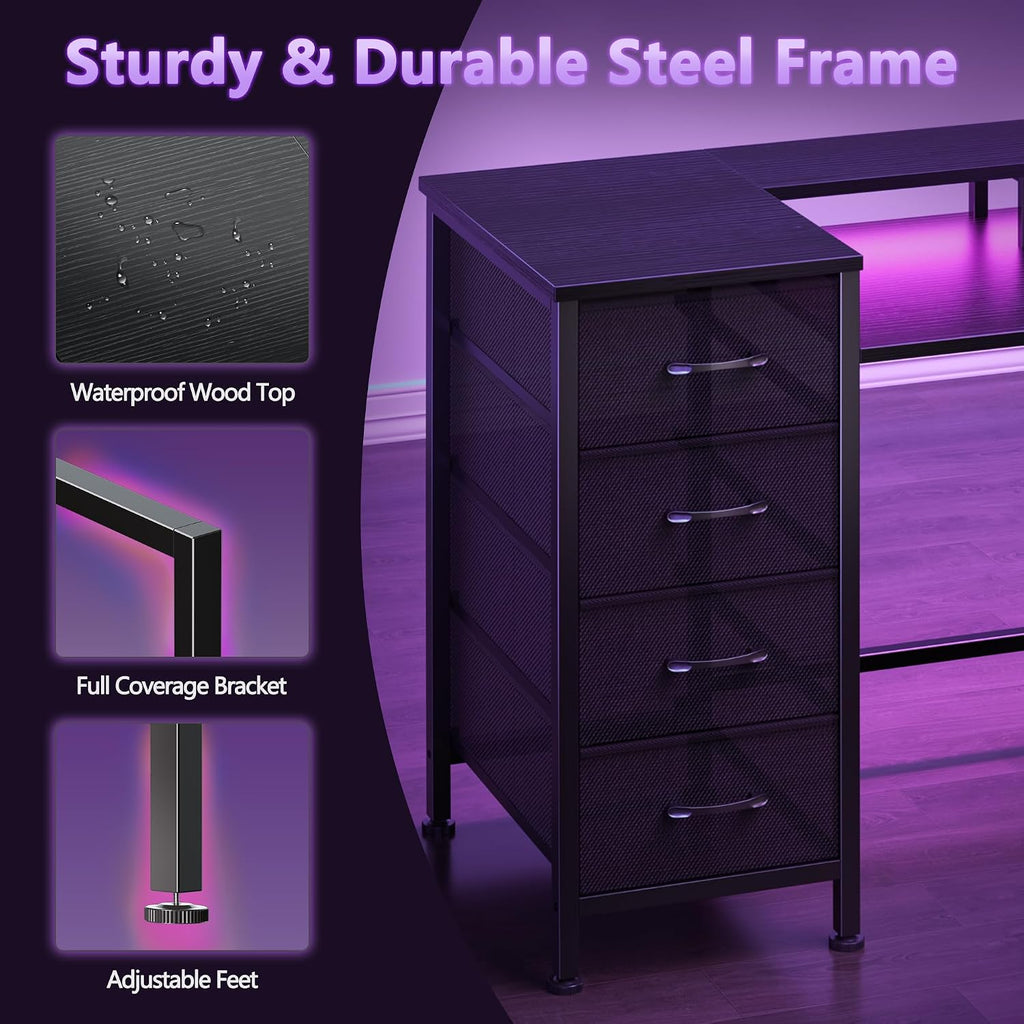 47 Inch Gaming Desk with Power Outlets and LED Lights, Reversible Computer Desk with 5 Fabric Storage Drawers, Home