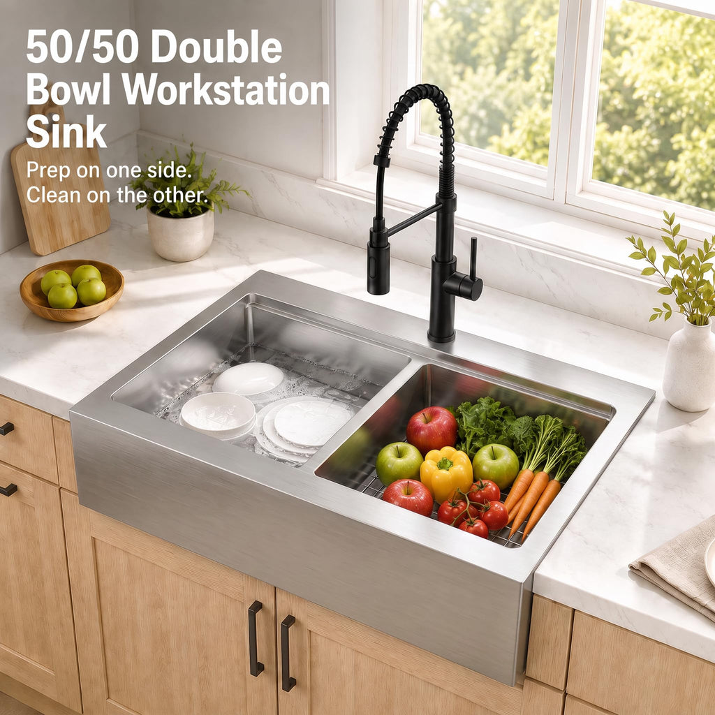 28 Inch Farmhouse Workstation Double Bowl Kitchen Sink