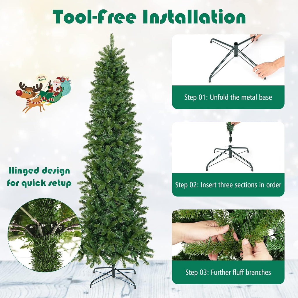 7.5ft Pre-Lit Pencil Christmas Tree, Hinged Artificial Slim Tree with 796 PVC PE Branch Tips, 350 LED Lights