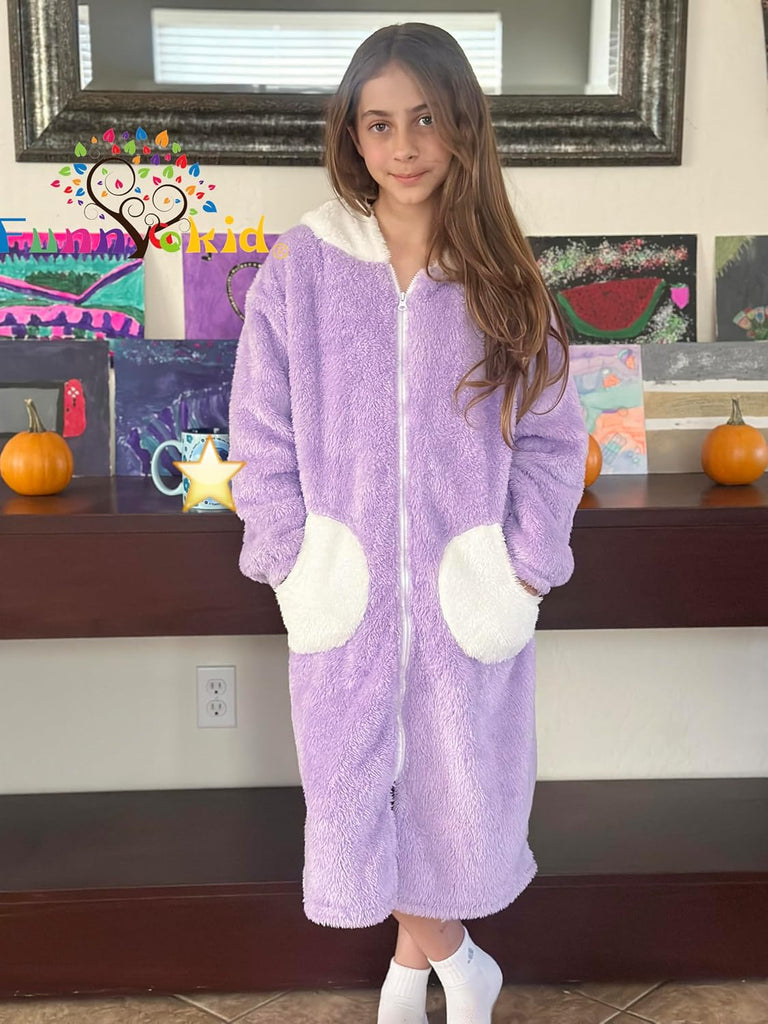 Girls Robe Kids Zip Hooded Bathrobe