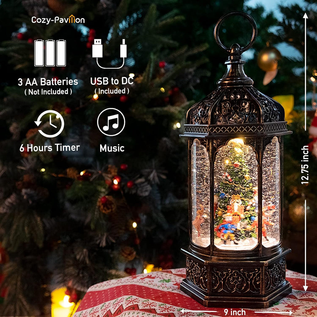 Christmas Snow Globes Musical Lantern with Timer, Nutcracker Figures Rotate with Music, Swirling Glitter Christmas