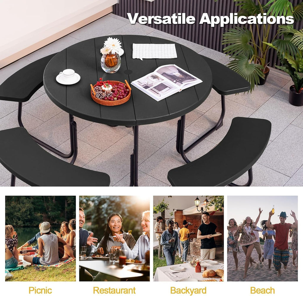 Round Picnic Table for Outdoors, 8 Person Outdoor Picnic Tables & Benches Set with Umbrella Hole, HDPE Tabletop &