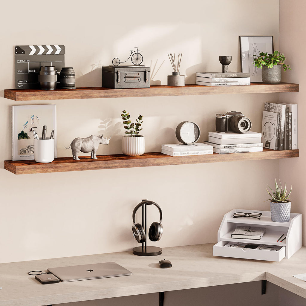 Floating Shelves for Wall, 60" Wood Wall Shelf Set of 2, with Invisible Brackets, 8" Deep, Rustic Brown