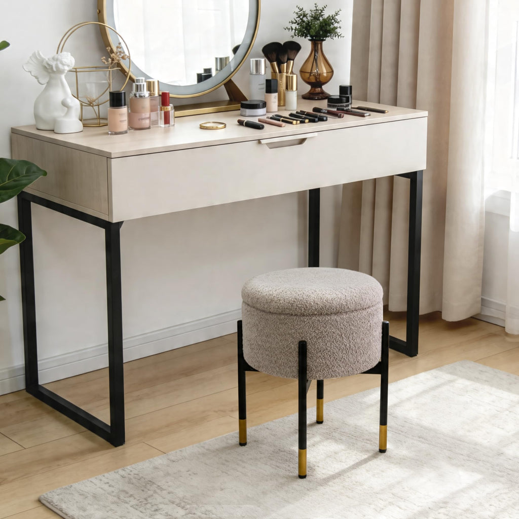 Round Ottoman with Storage, Soft Boucle Teddy Fabric Vanity Stool, Ottoman Coffee Table with Metal Legs, Foot Stool