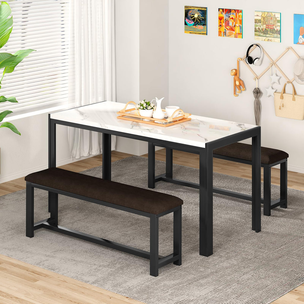 Dining Table Set for 4, Faux Marble Kitchen Table with 2 Leather Bench