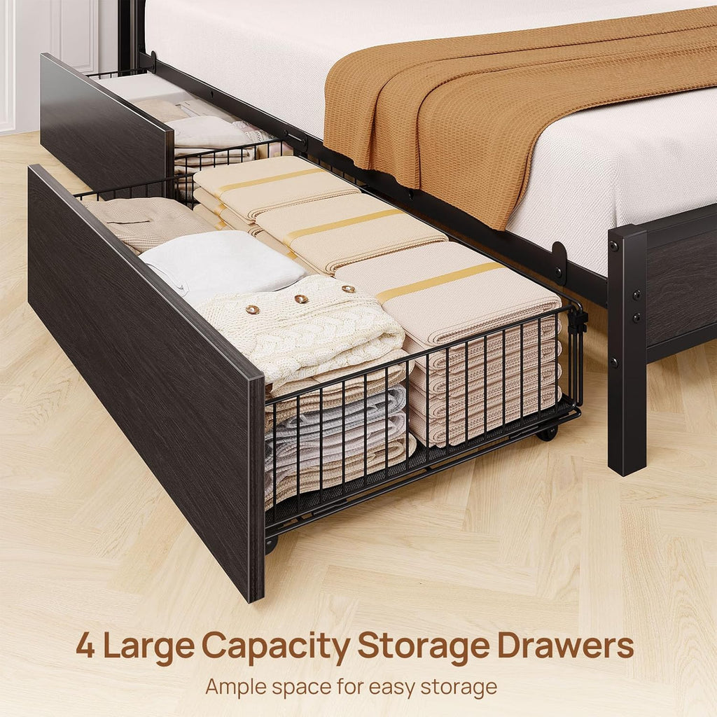 Bed Frame Full with Charging Station and LED Lights, Upholstered Storage Headboard with Drawers
