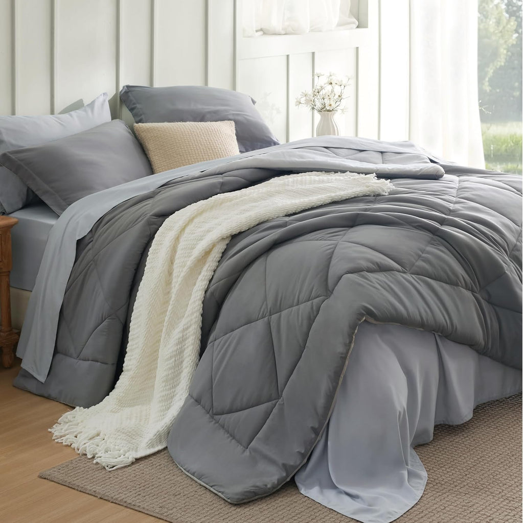 Queen Comforter Set - 7 Pieces Reversible Grey Bedding, GentleSoft Queen Bed Set Gift for Family