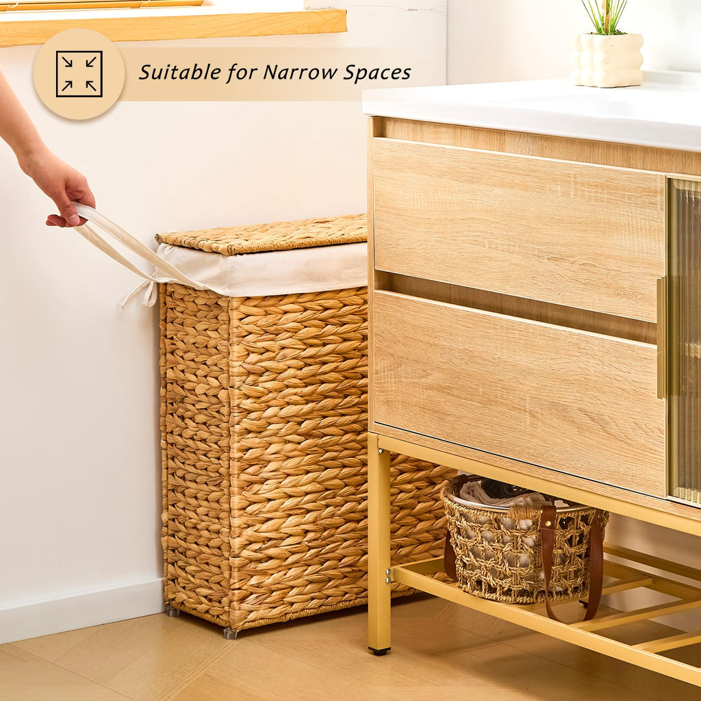 Slim Laundry Hamper with Lid, Handwoven Natural Water Hyacinth Basket