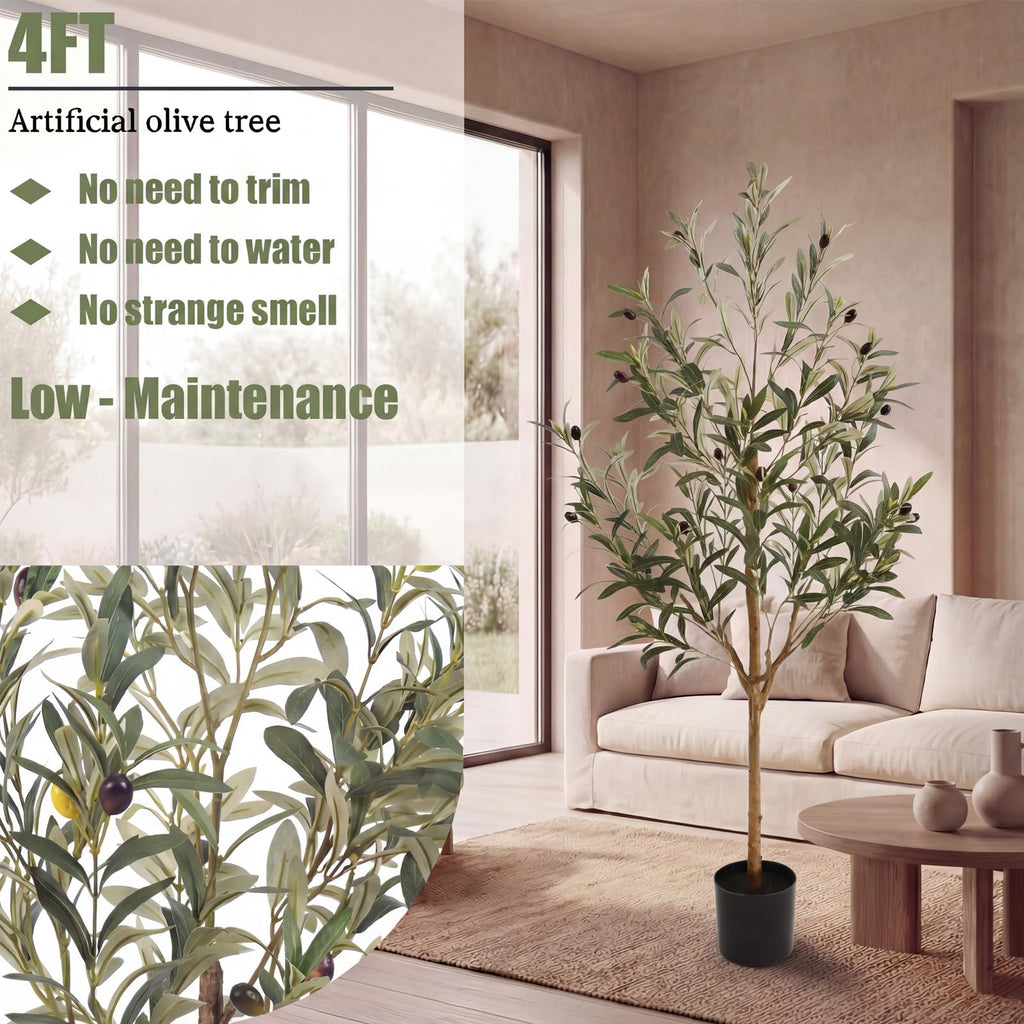 4FT Olive Trees Artificial Indoor, Fake Olive Tree with Natural Wood Trunk and Olive Branches and Lifelike Fruits, Faux