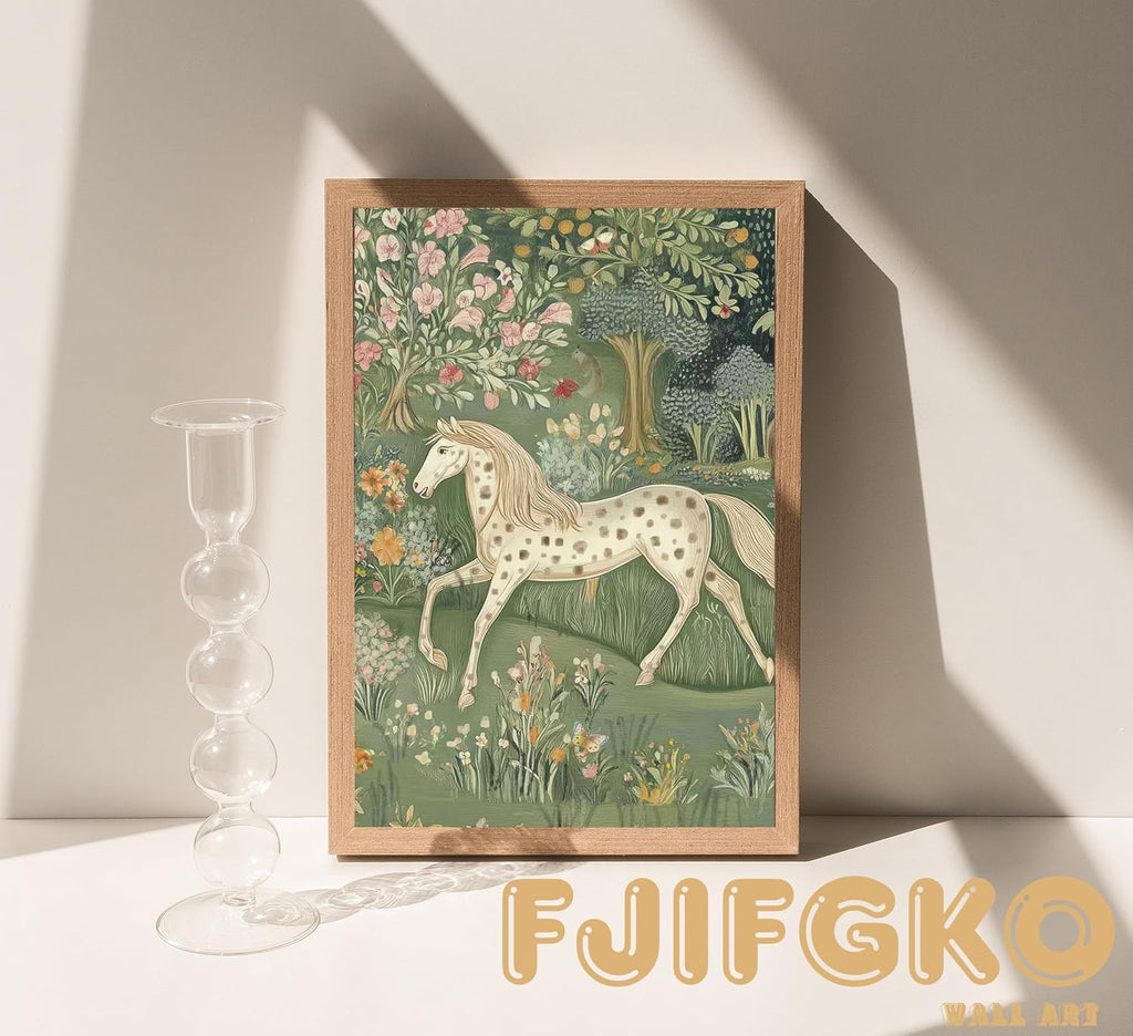 Framed Vintage Woodland Animal Nursery Wall Art Magic Horse Bear Deer Poster Green Fantasy Forest Botanical Pictures