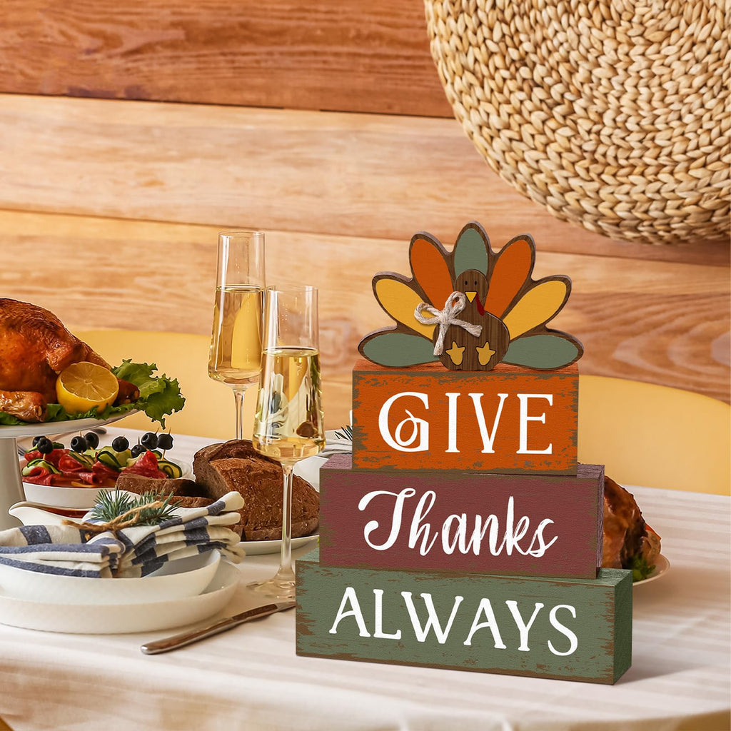 4 Pcs Thanksgiving Turkey Table Decor Wooden Sign Blocks