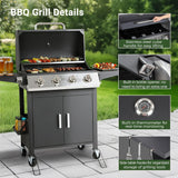 4-Burner Propane Gas Grill, 40,000 BTU Stainless Steel BBQ Grill with Foldable Side Tables, Spice Rack & Wheels (Black)