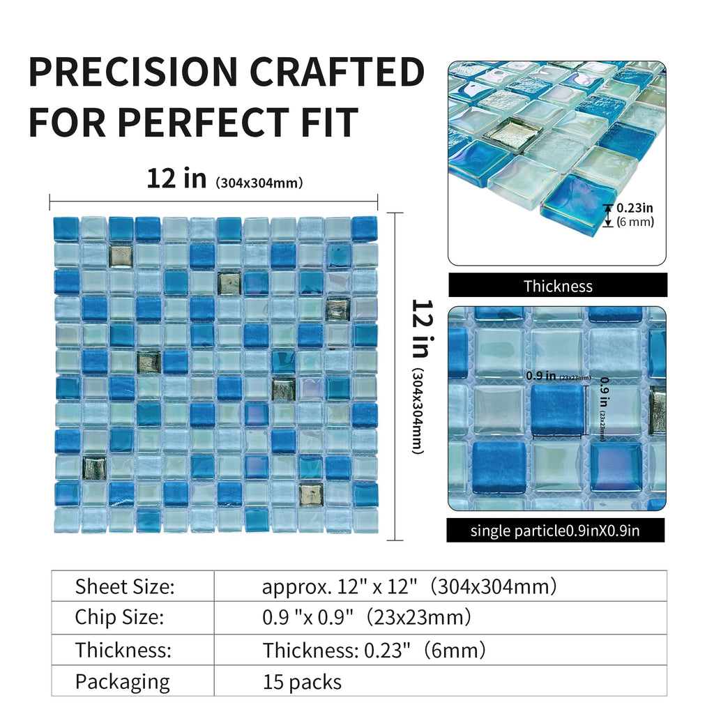 Light Blue Glass Mosaic Tiles, 6mm Ocean Gradient Backsplash, 15 Sheets