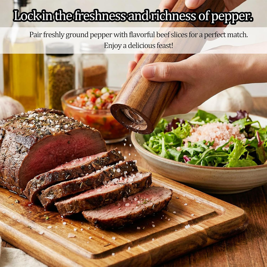 Wooden Salt and Pepper Grinder Set,8.46 inch Adjustable Coarseness Manual Salt and Pepper Mill with Brush - Set of 2