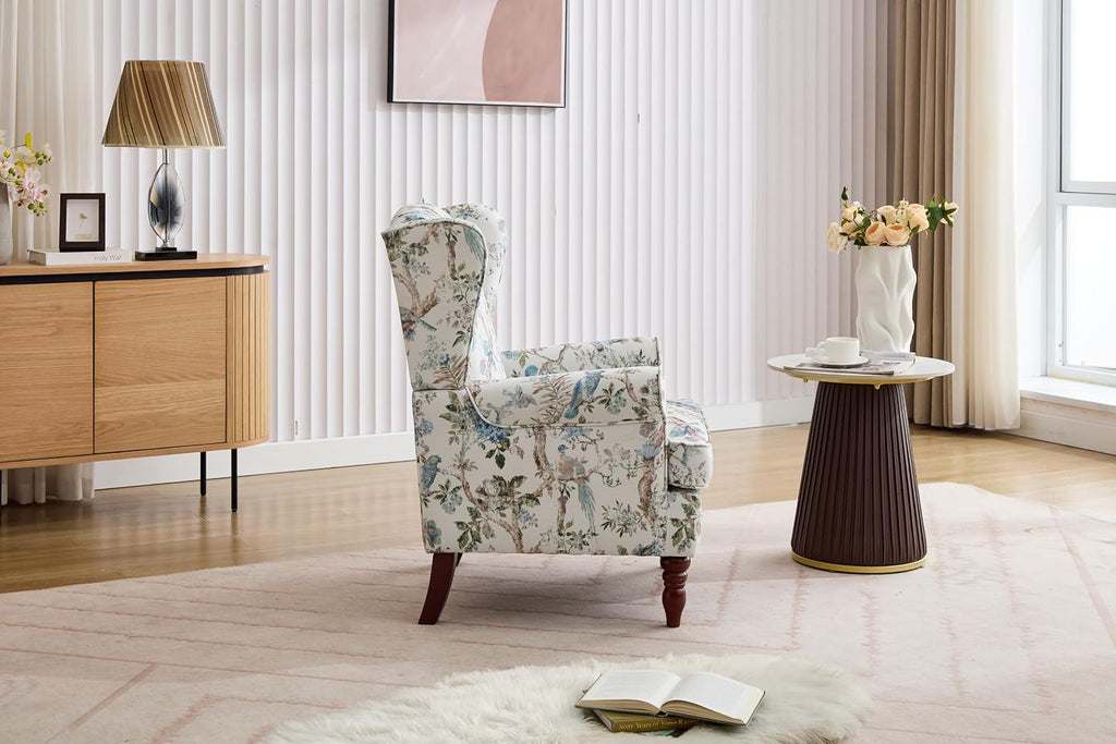 Modern Floral Accent Chair Retro Wood Legs, Linen Wingback Seat Bedroom Office, Bird Floral Single Sofa Chair with