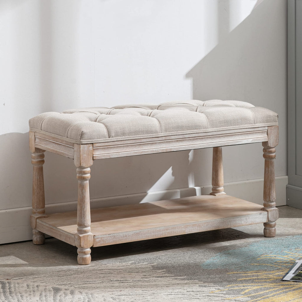 Storage Bench 31.5" W Button Tufted Small Entryway Bench with Wooden Shoes Rack End of Bed Bench with Fabric Linen