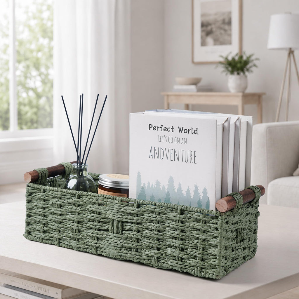 Round Paper Rope Storage Basket Wicker Baskets for Organizing with Handle Decorative Storage Bins for Countertop
