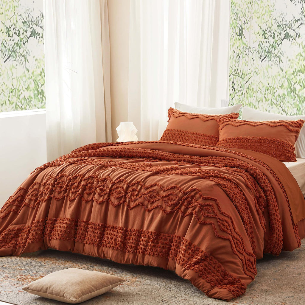 Terracotta Tufted Comforter Set, 3 Pieces King Boho Bedding Set