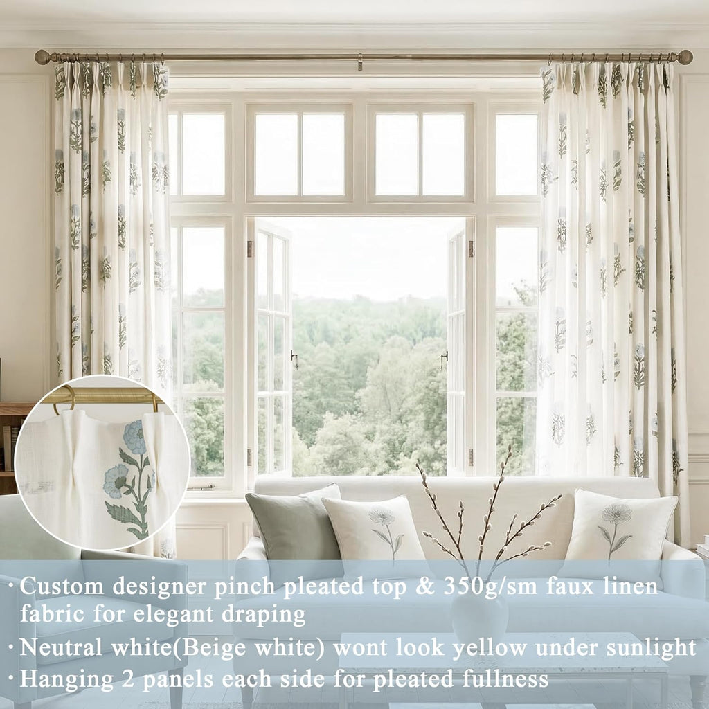 Pinch Pleated Floral Linen Curtains, 108 Inch Floor to Ceiling Pleat Drapes for Track System, 9FT Long Semi Sheer