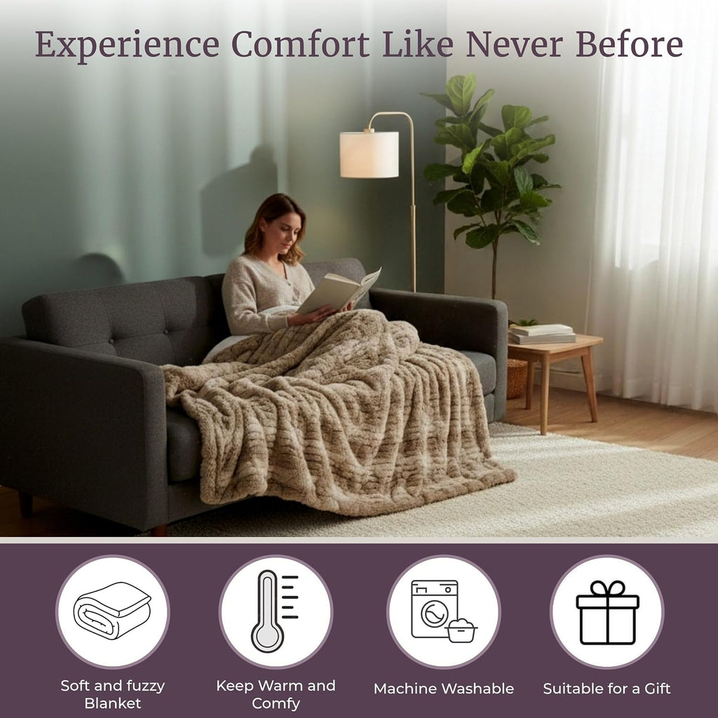 Oversized Ruched Faux Fur Blanket, Taupe, 60" x 80" | Plush Polyester Faux Fur Queen-Size Throw Blanket for Sofas and