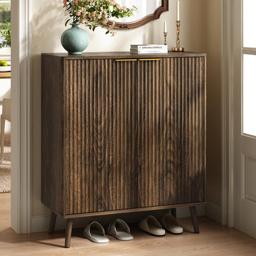 5-Tier Shoe Storage Cabinet with Adjustable Shelves, Walnut丨Fluted Shoe Cabinet with Doors, Wooden Freestanding Shoe
