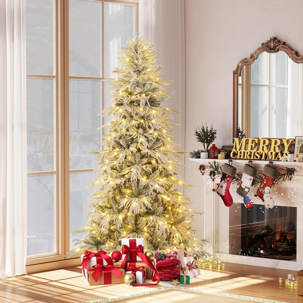 Pre-Lit Snow Flocked Christmas Tree, Artificial Hinged Xmas Tree with 820 PE & PVC Mixed Branch Tips, 340 Warm