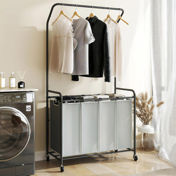 Laundry Hamper Sorter Cart, 4 Section Organizer with Hanging Bar