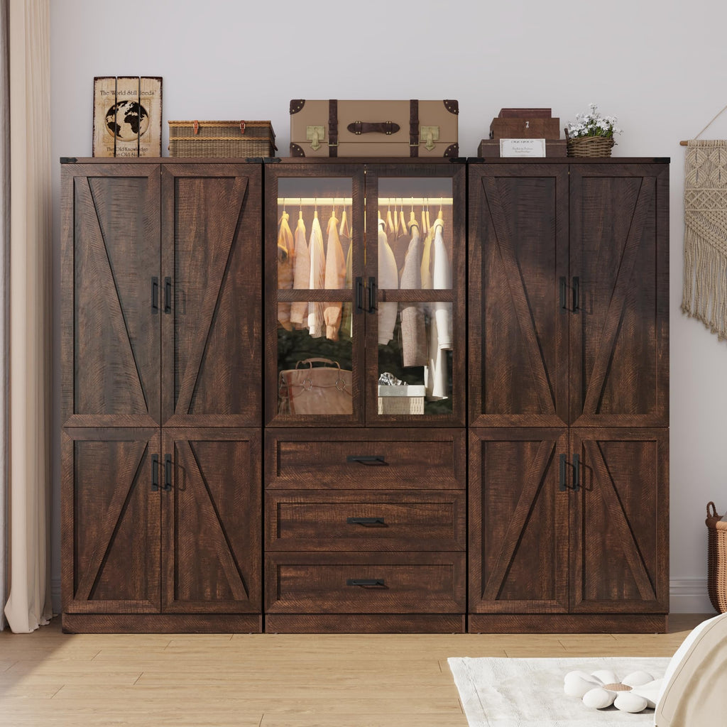 75" Tall Farmhouse 6 Doors Armoire Wardrobe Closet with 3 Drawers and LED, Freestanding Closet Wardrobe Cabinet with