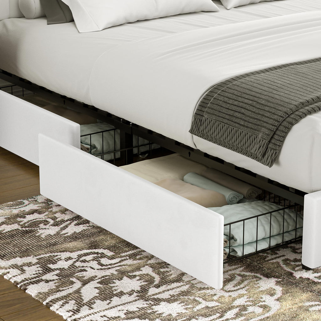 Full Size Upholstered Bed Frame with 4 Drawers and Headboard, Velvet Platform Storage Bedframe, Wooden Slats Support