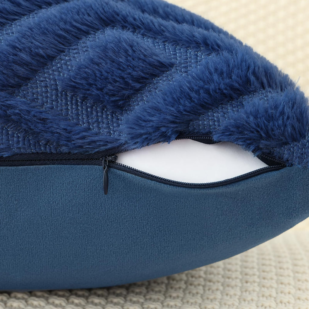 Fall Blue Faux Fur Throw Pillow Covers 22x22 Set of 2