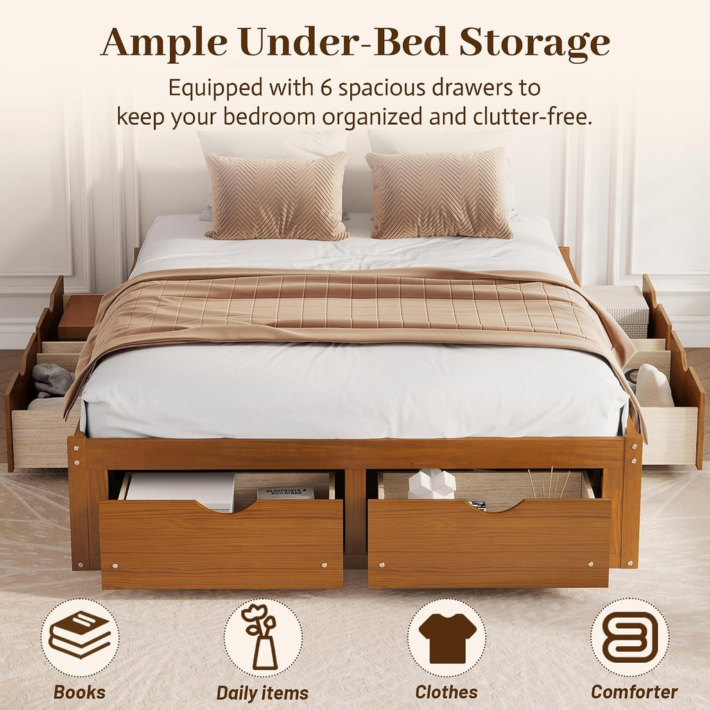 Japanese Wooden Bed Frame Queen with 6 Storage Drawers (Walnut, Queen)