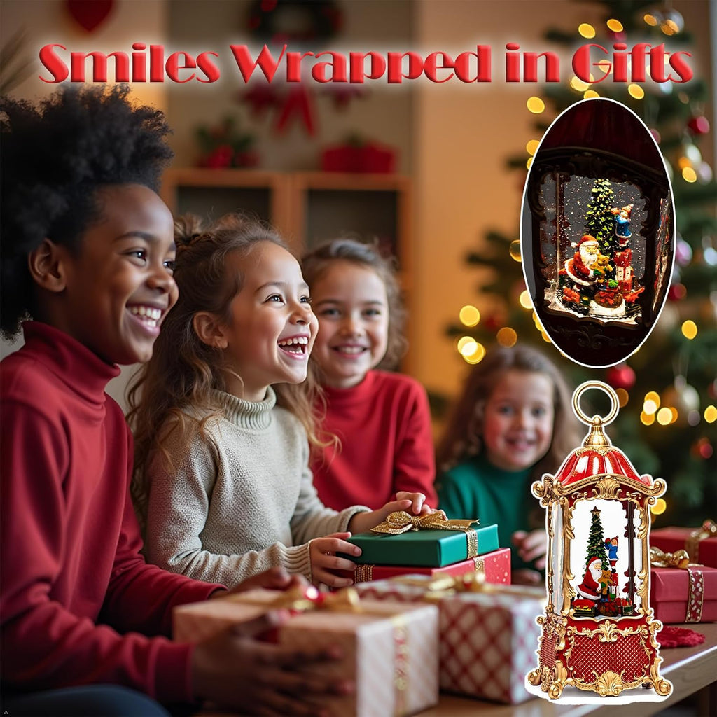 14" Christmas Snow Globe Lantern with Santa Claus - Swirling Glitter LED Light Musical Water Lantern with Rotatable