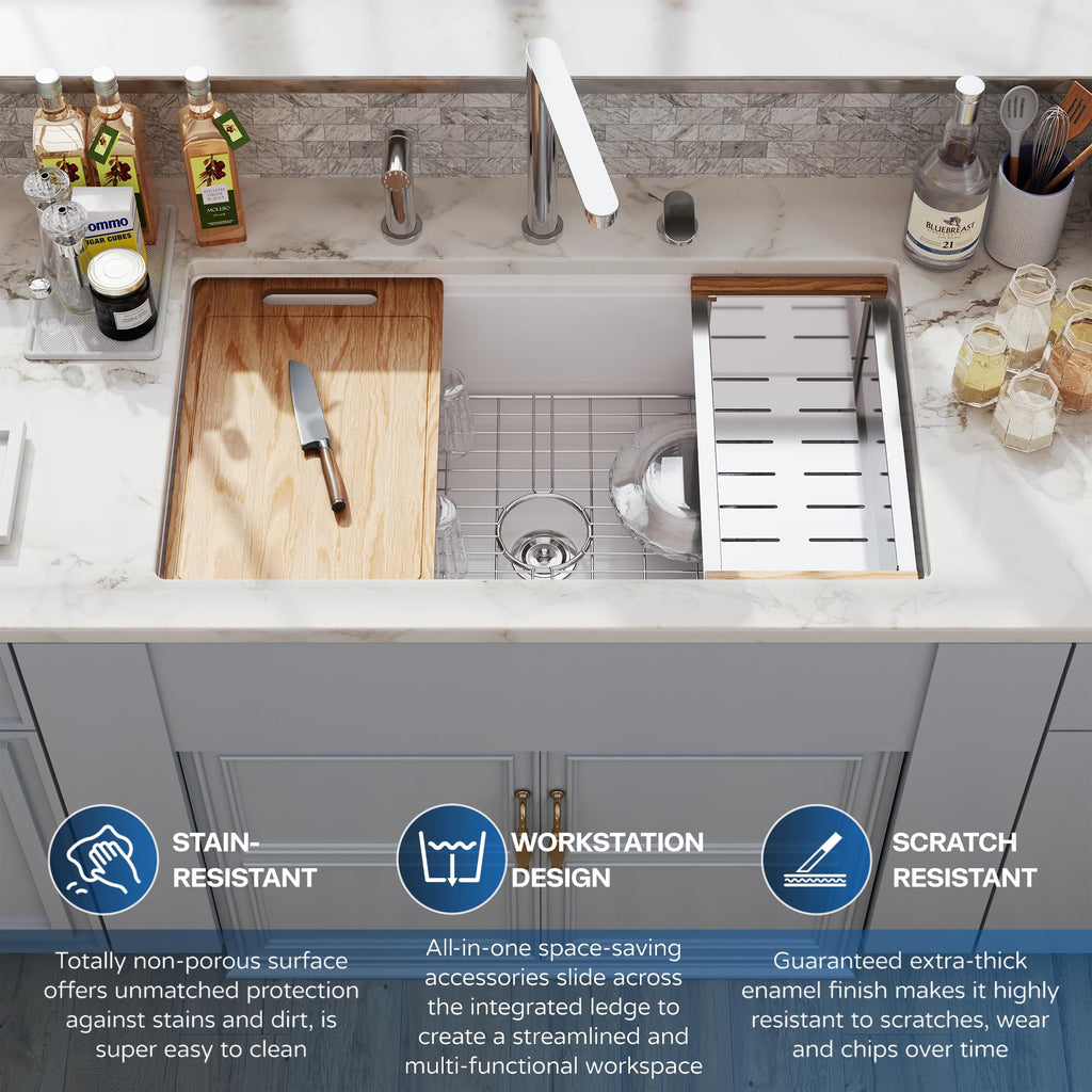 33 White Undermount Workstation, Topmount & Undermount 33x19 inch White Porcelain Ceramic Fireclay Sinks Dual Mount