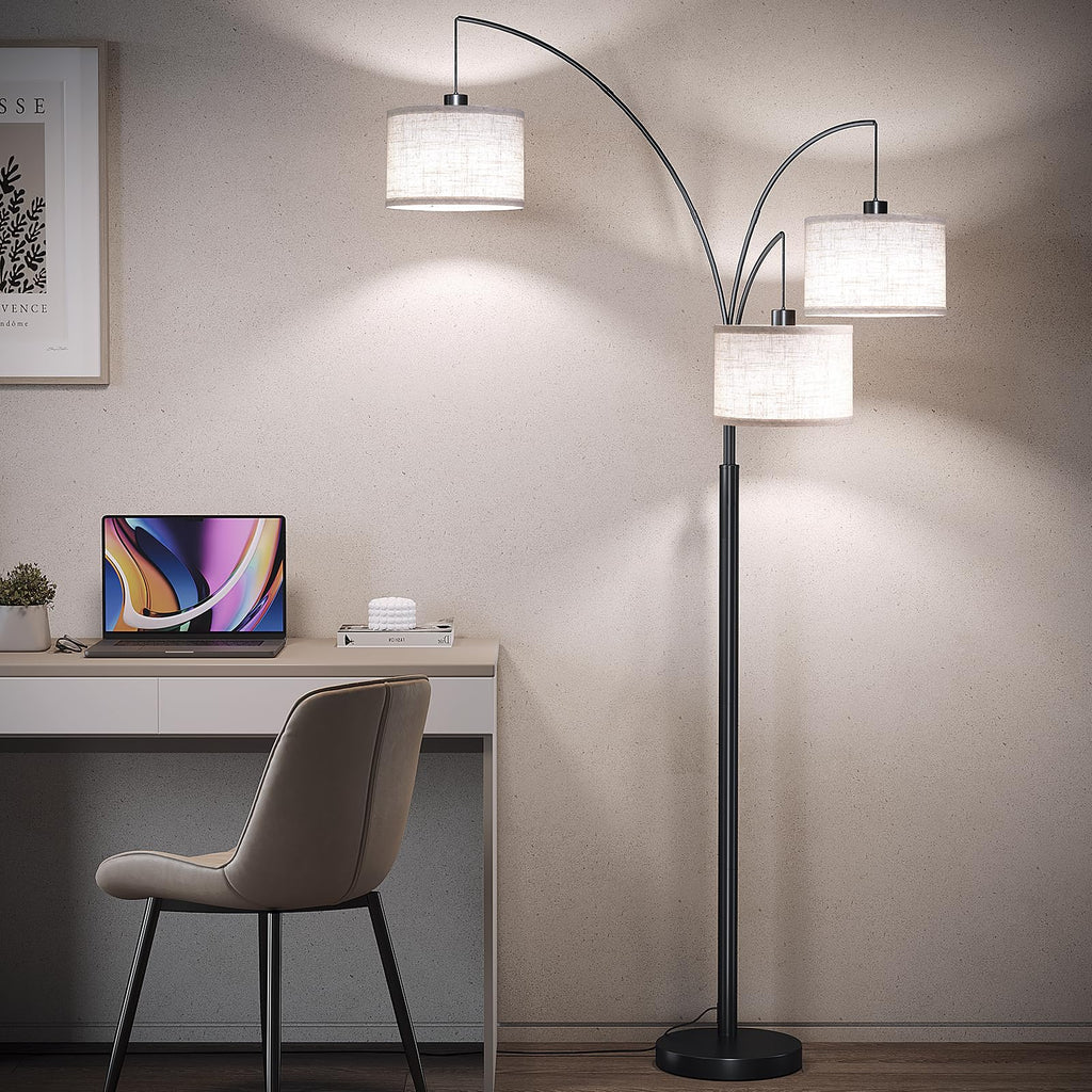 3 Lights Floor Lamp with Remote Control and 3 Stepless Dimmable Bulbs, 78" Tall Standing Lamp with Hanging Drum Shade