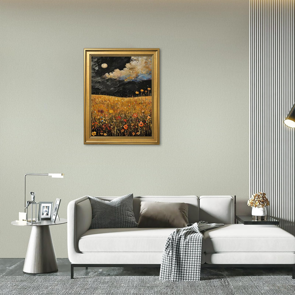 Gold Framed Yellow Wildflowers Field Painting Abstract Night Sky Moon Wall Art Canvas Print Vintage Floral Picture
