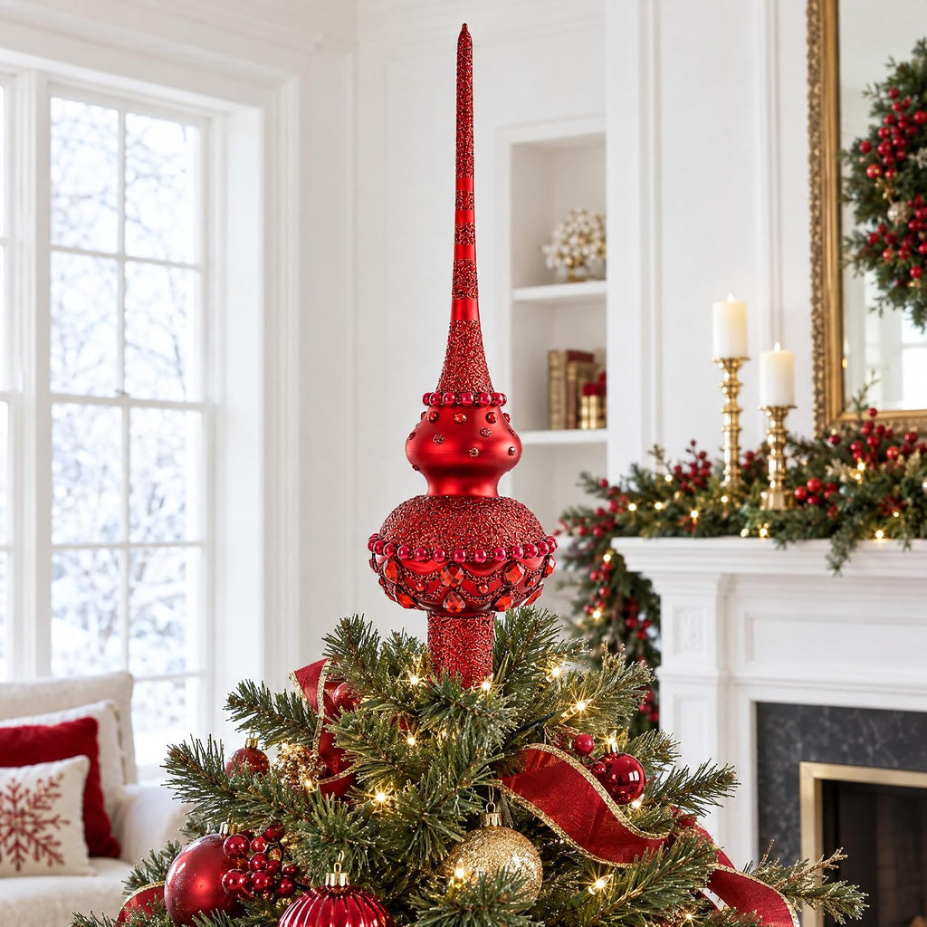Dimensional Red Jewels Chandelier on Red Mouth Blown Glass Tree Topper