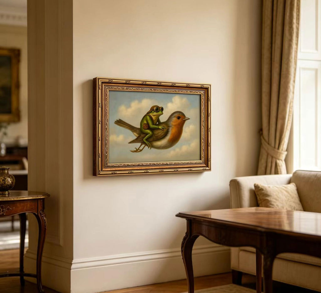 Vintage Gold Framed Whimsical Frog Robin Wall Art, Frog Riding Bird Oil Painting Canvas Print, Whimsical Animal