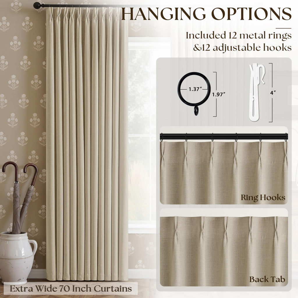 Oatmeal 96 Inch Blackout Pinch Pleated Curtains 2 Panel Set Darkening Thick Linen Textured 100% Black Out Soundproof