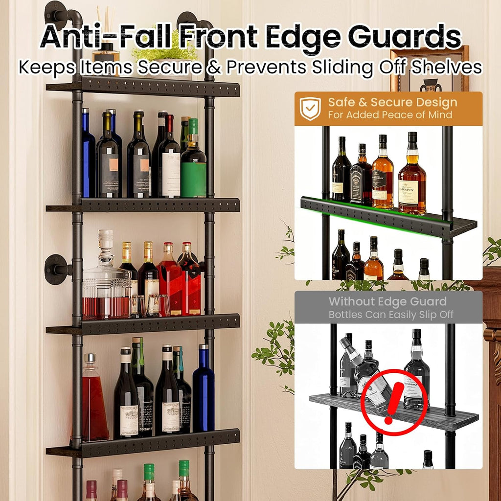 5-Tier Industrial Bar Shelves Wall Mounted, 78" Tall Pipe Wine Rack with Anti-Fall Guards, Wall Mounted Bar Shelves