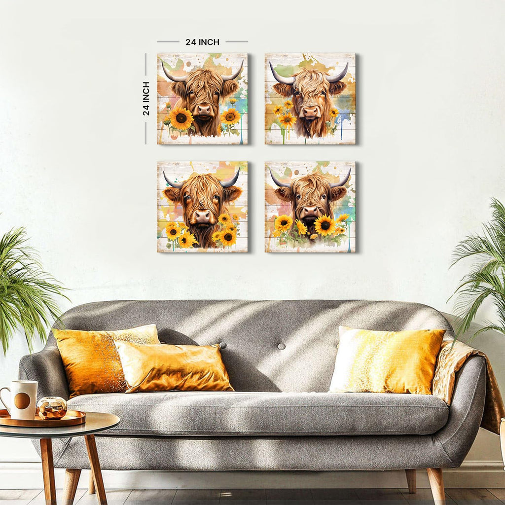 Farmhouse Highland Cow Canvas Wall Art Bathroom Decor Rustic Sunflower Pictures Dining Room Home Decorations