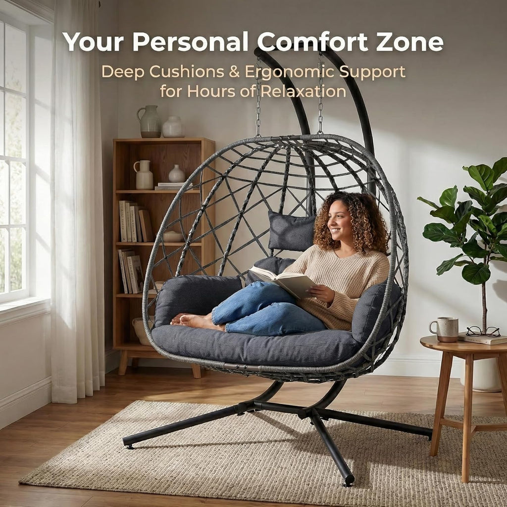 Double Egg Swing Chair with Stand, Outdoor Patio 2 Person Hanging Wicker Hammock Chairs with Cushion for Indoor