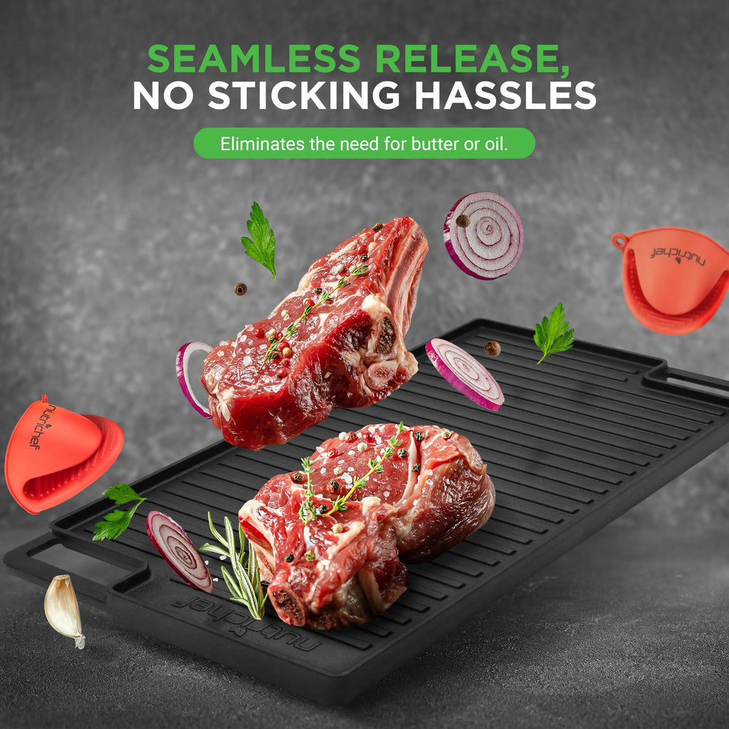 Cast Iron Reversible Griddle 18x10 Inch - Pre-Seasoned Flat Top & Ridged Grill Side, Stove Top Griddle for Gas Grill