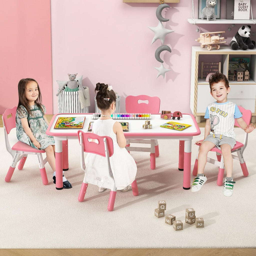 Kids Table and Chiar Set, Height Adjustable Toddler Desk and 4 Chairs with Graffiti Desktop Non-Slip Legs, Large 47"